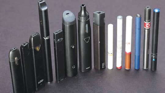 Different types of e-cigarettes or smokeless vapes.