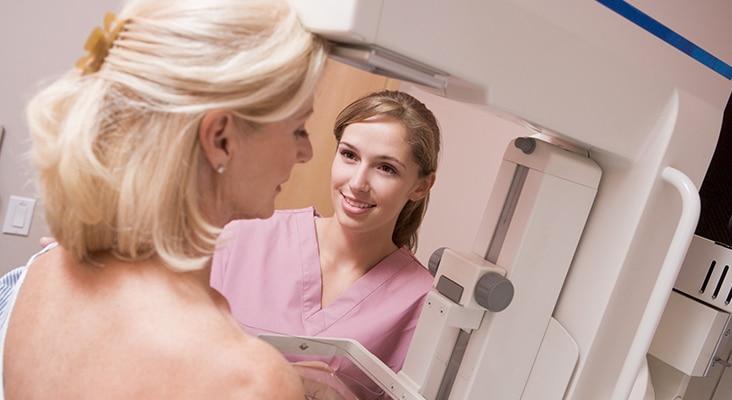 Nurse Assisting Patient Undergoing Mammogram