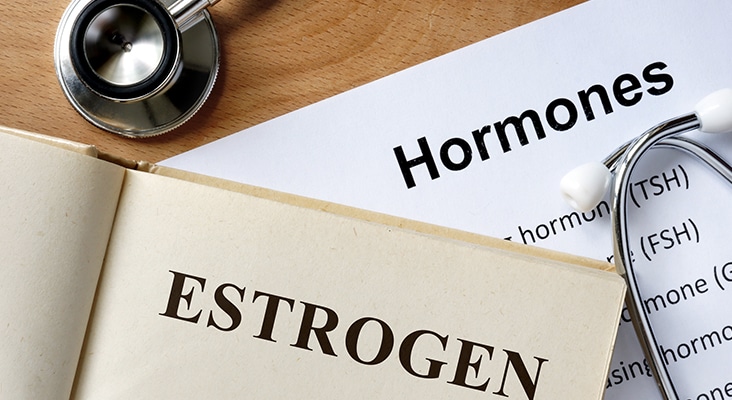 Estrogen word written on the book and hormones list