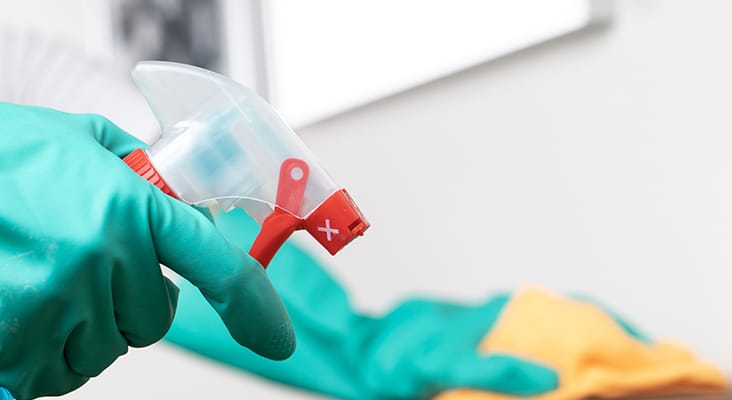 Woman in rubber gloves using spray cleaner on counter, close up.