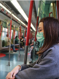 Woman wearing a face mask on public transportation