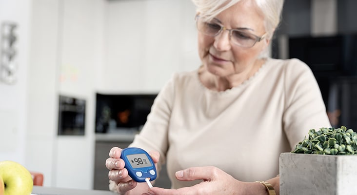 Senior woman with glucometer checking blood sugar level at home. Diabetes, health care concept