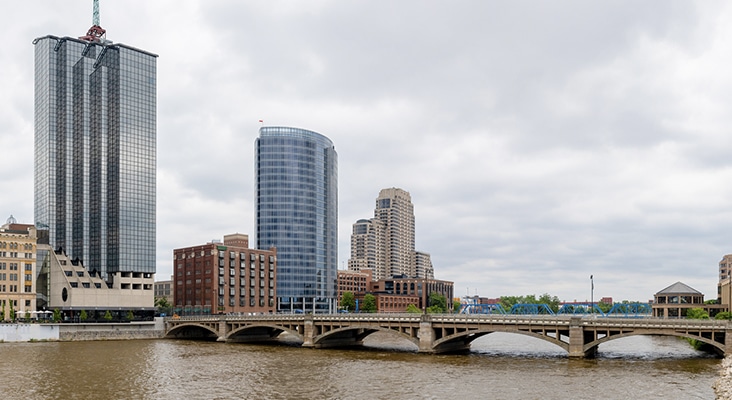 Grand Rapids city skyline, in the state of Michigan, United States, as seen across the Grand River