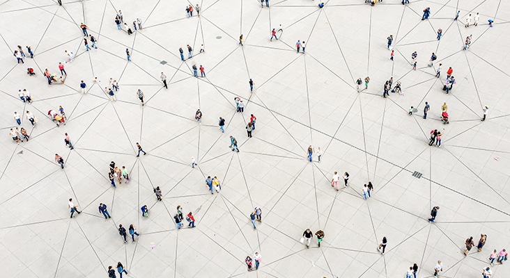 Aerial view of crowd connected by lines