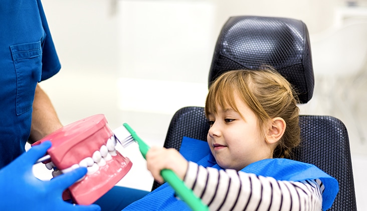 Dentist teaching cute girl about oral hygiene