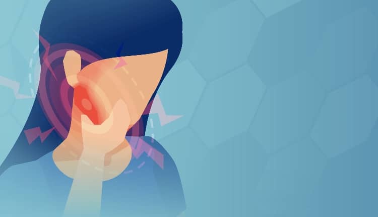 Vector of a young woman toothache, pain, red zone of inflammation