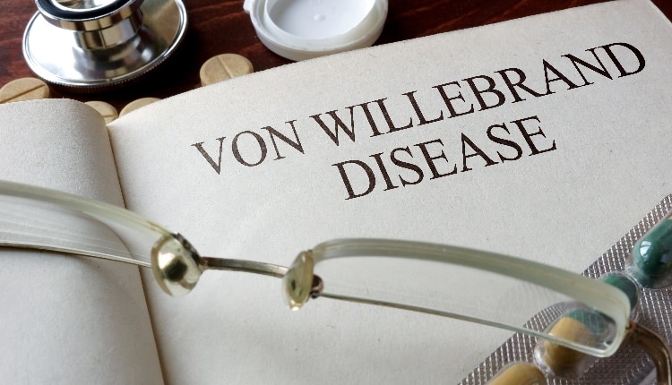 Book with diagnosis Von Willebrand disease and pills.