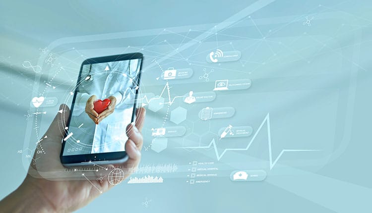 Healthcare, Doctor online and virtual hospital concept, Diagnostics and online medical consultation on smartphone, Communication with patient on network, Innovative and medical technology.