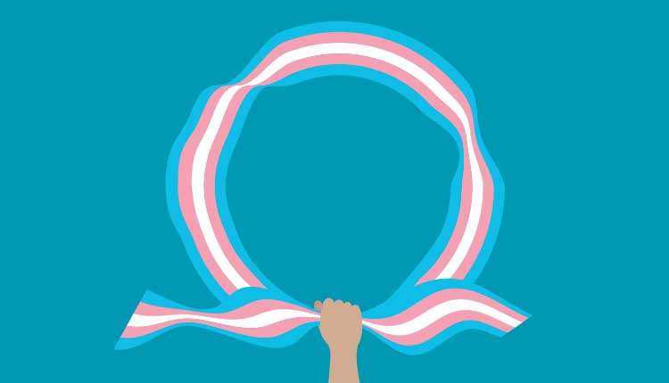 Illustration of a hand holding waving ribbon transgender flag with a copy-space.