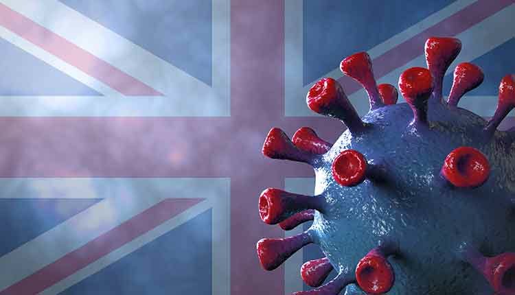 Covid british and england variant, covid-19 virus with english flag