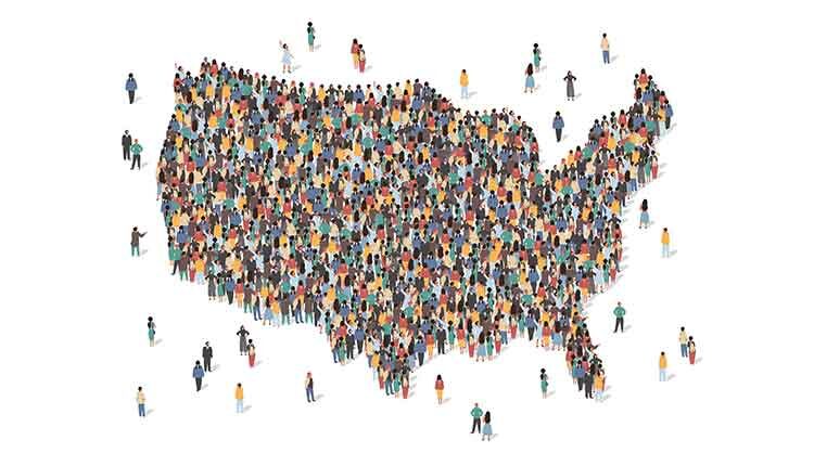 USA map made of many people, large crowd shape. Group of people stay in us country map formation. Immigration, election, multicultural diversity population concept.