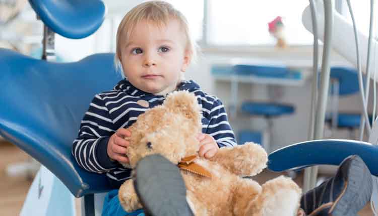 Little toddler boy with teddy bear toy at dentist's clinic for routine check-up