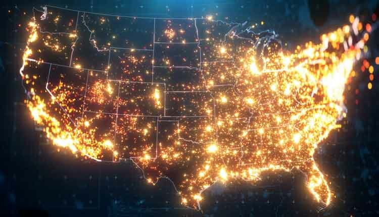 Night Map of USA with City Lights Illumination
