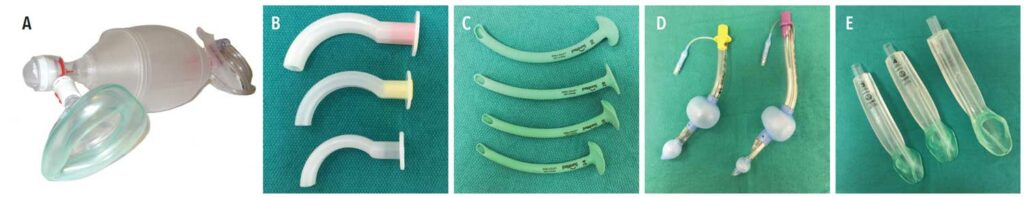 FIGURE 1.Bag-valve-mask device (A), oral and nasal pharyngeal airways (B, C), and supraglottic airways (D, E).