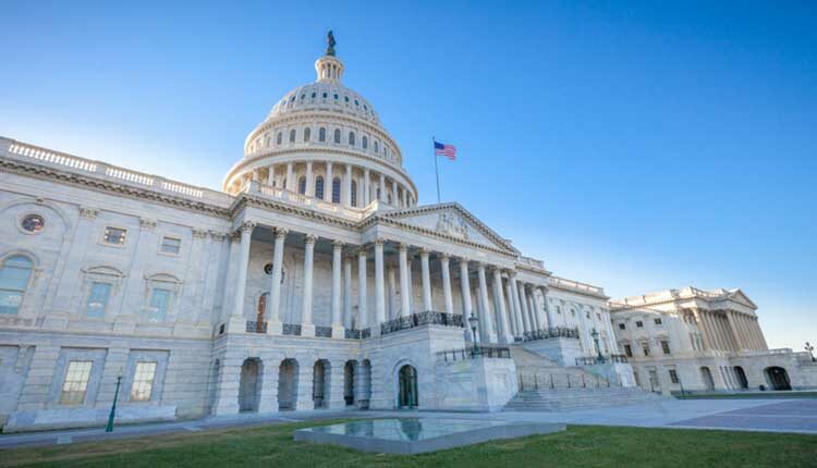 Low angled view of the U.S. Capitol East Facade Front in Washington, DC.