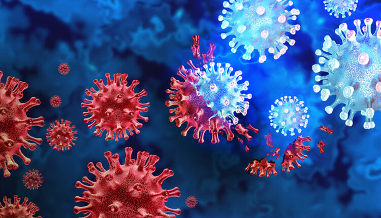 Mutating virus variant and cell mutation variants as a health risk concept and new coronavirus outbreak or covid-19 viral cells mutations and influenza background as a 3D render.