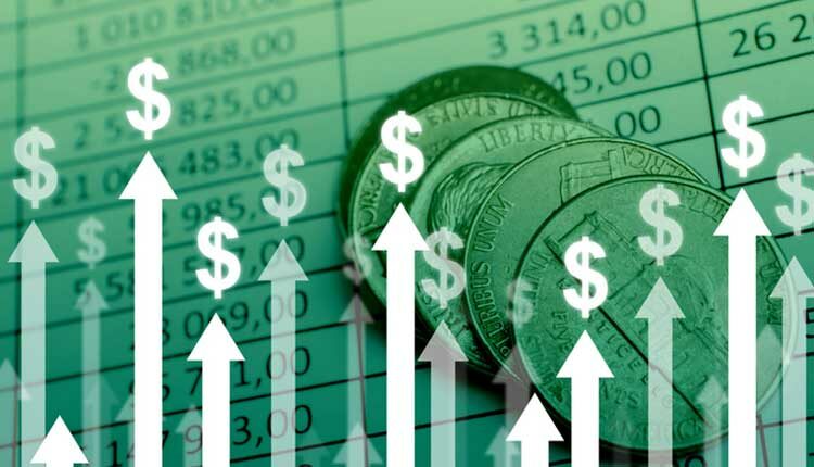 Dollar currency growth concept with upward arrows on charts and coins background