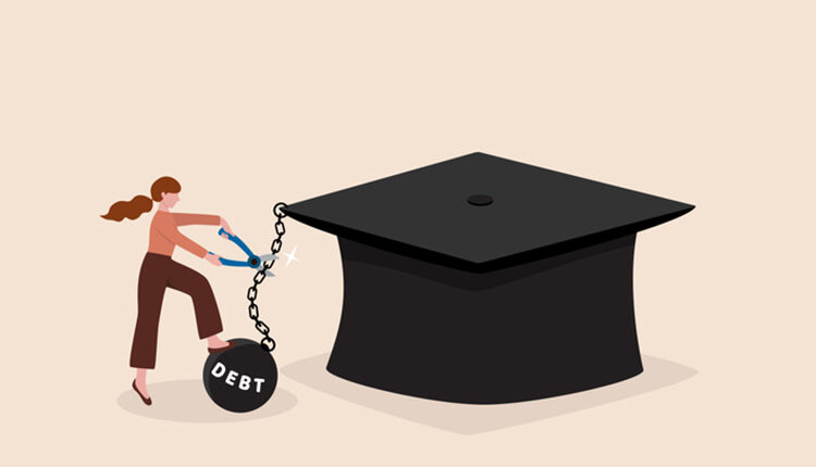 Student loan debt pay off or forgiveness program, cut education expense or reduce fee concept, young adult woman cut chain to relief from student loan debt burden metal ball from graduated mortarboard