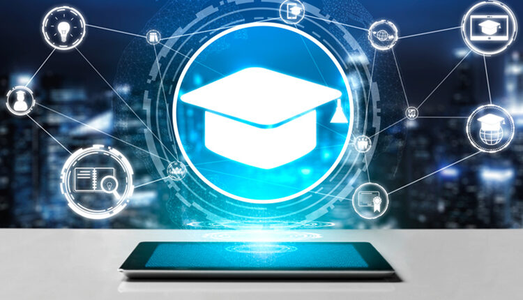 E-learning and Online Education for Student and University Concept. Graphic interface showing technology of digital training course for people to do remote learning from anywhere.