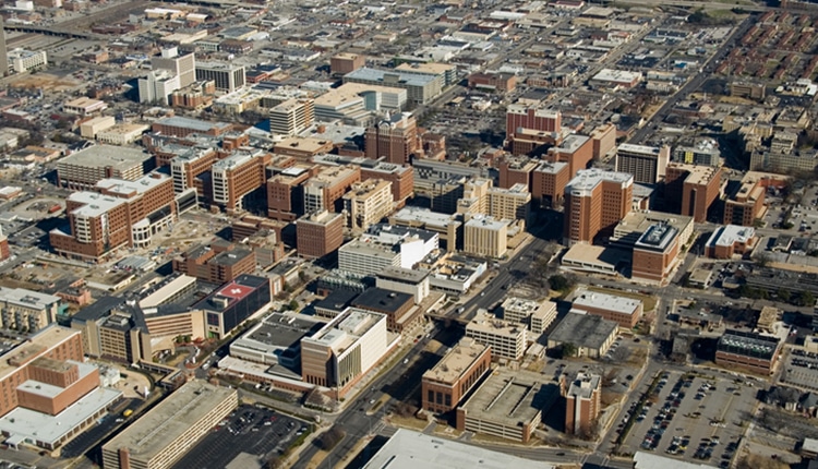 "Aerial view of Birmingham, Alabama. University of Alabama at Birmingham, UAB hospital and more."