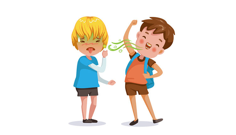 bad breath boy. The little boy feels foul. Bad breath from friends. Cartoon character vector illustration Isolated on white background.