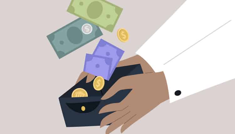 Money rain, hands holding a wallet with paper currency and metal coins