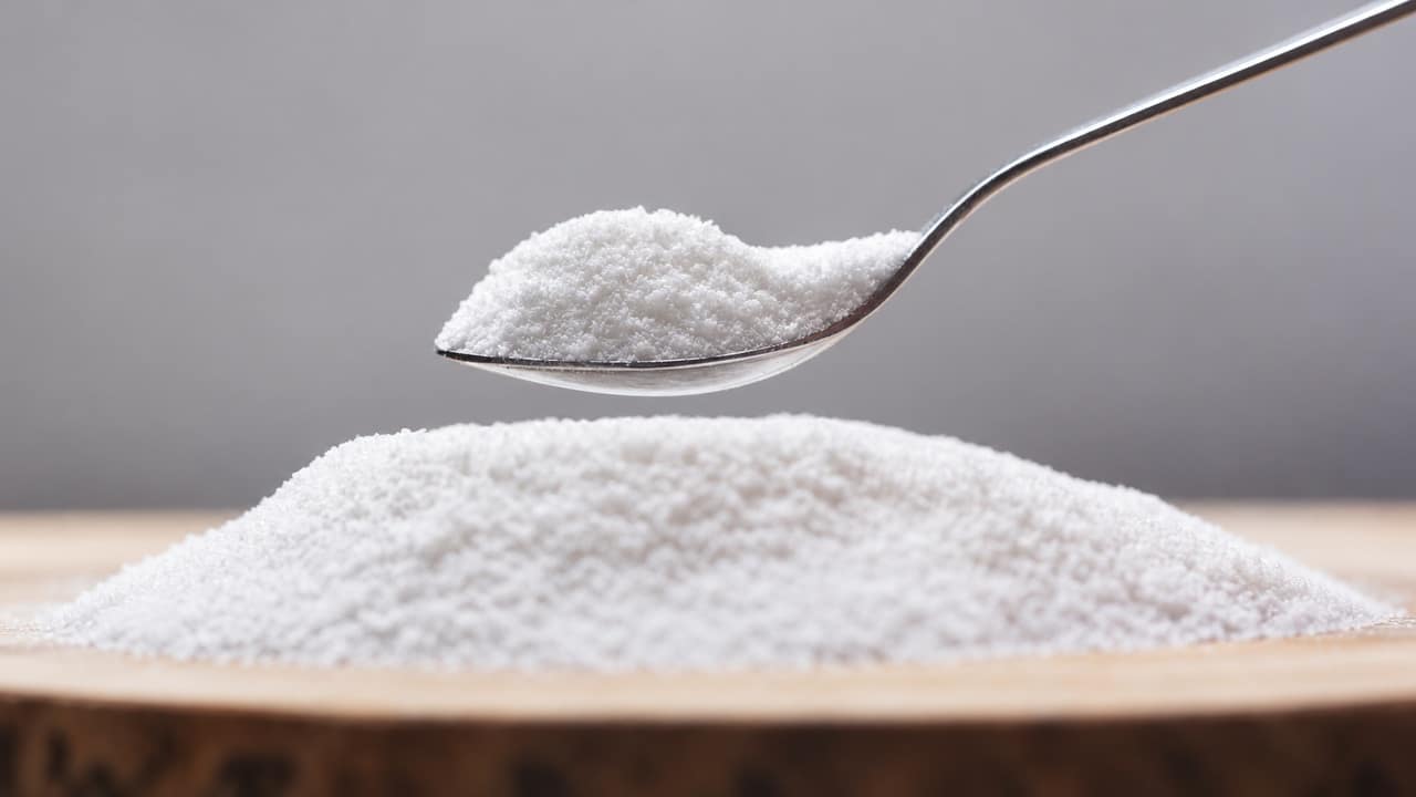 Spoon holding white sweetener above a mound of granules