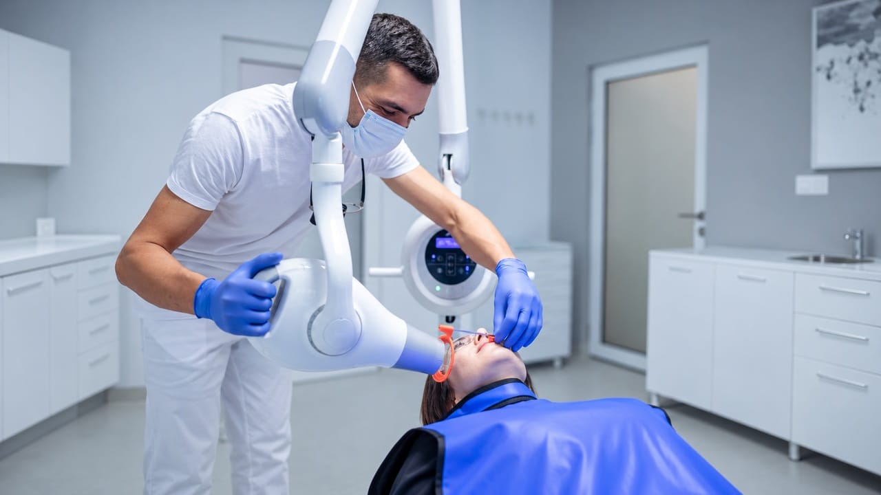 Dentist positioning an intraoral X-ray unit for a patient