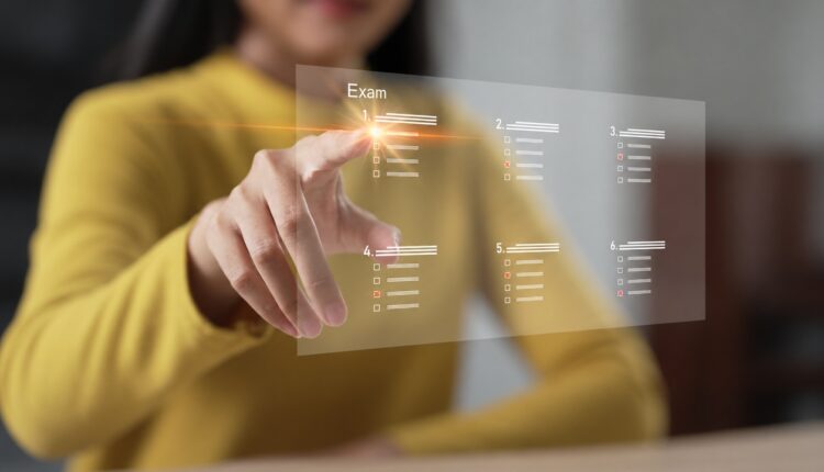 Person selecting an answer on a virtual online exam