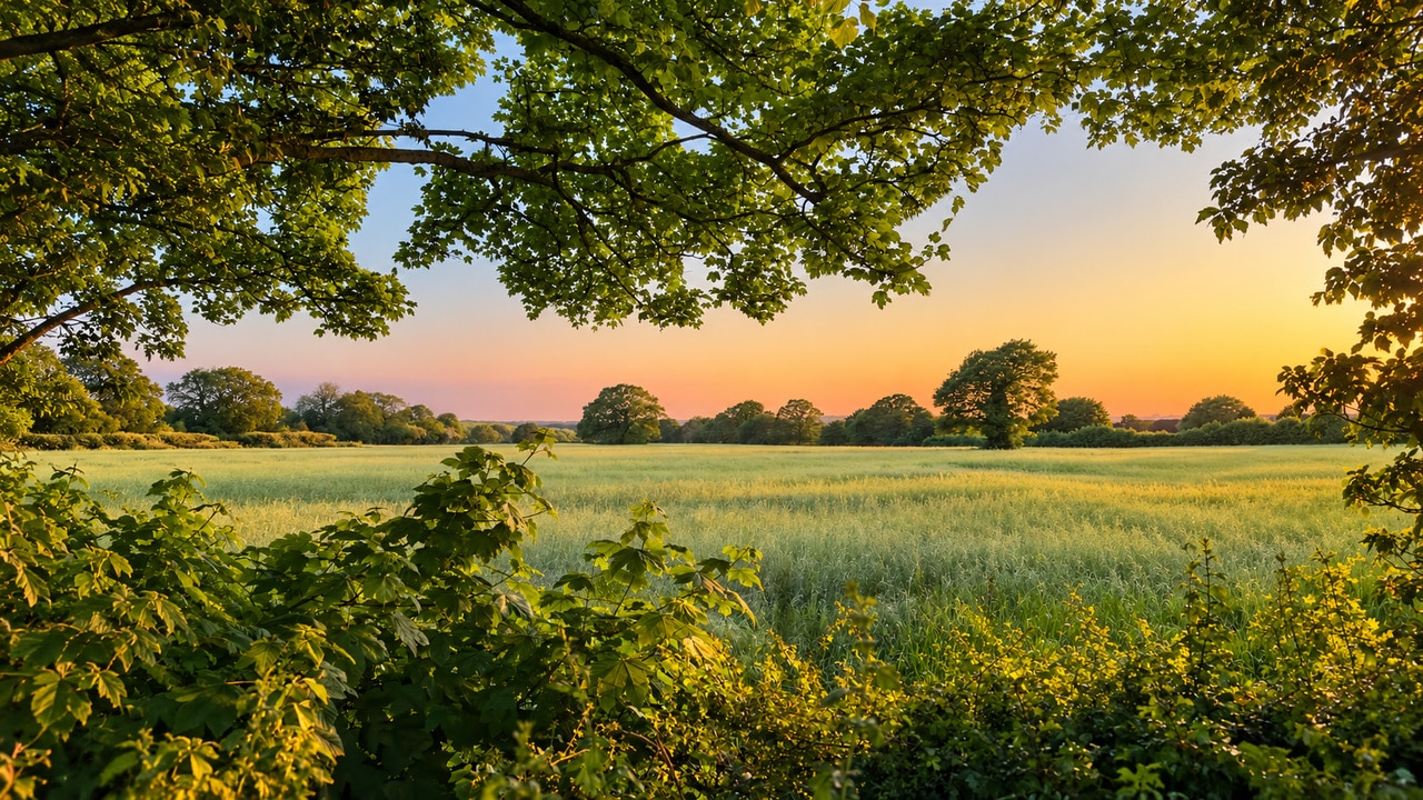 Sunset over a rural agricultural field framed by trees and green foliage.