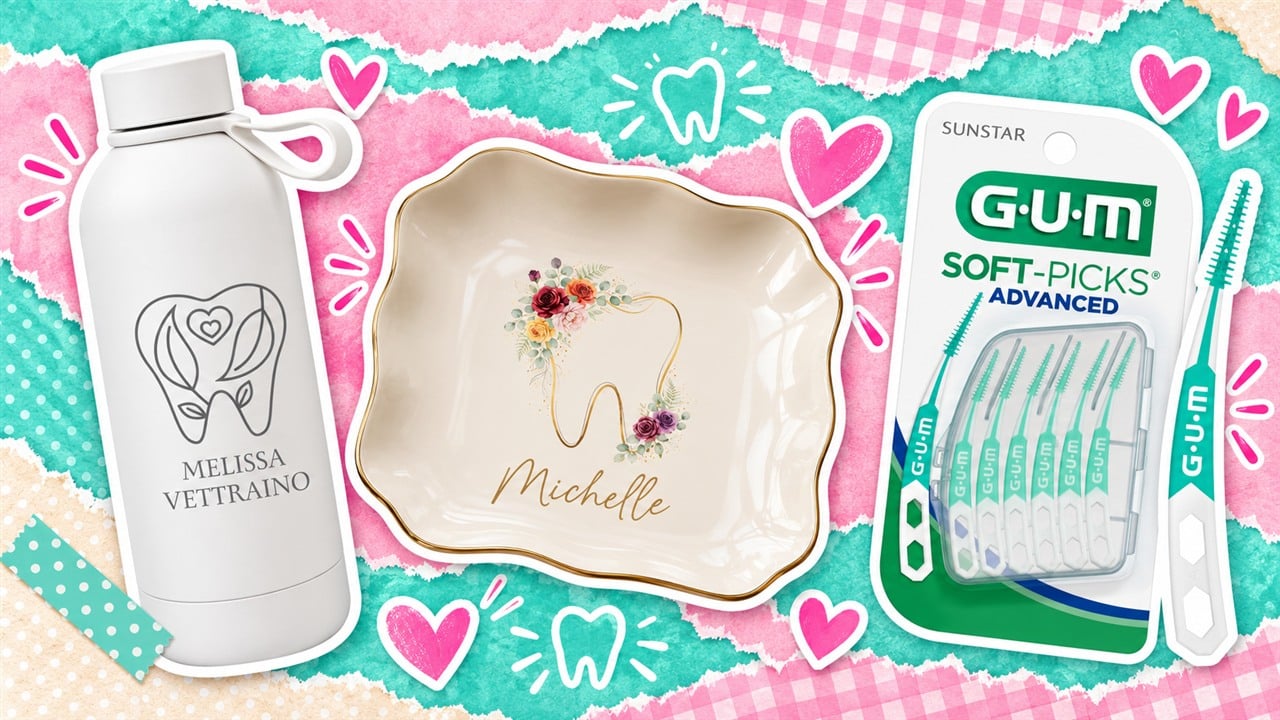 Sunstar eBrief giveaway prizes: personalized dental tumbler, jewelry dish, and GUM Soft-Picks Advanced